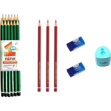 Fatih Kurşun Kalem 12'li Set + Kırmızı Kalem 3'lü + 2'li Silgi + Kalemtıraş Renkli Kırtasiye Ürünleri