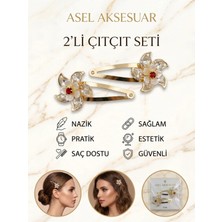 Asel Aksesuar 2'li Set Çiçek Figürlü Kırmızı Taş Detaylı Metal Çıtçıt Saç Tokası Farklı Renk Seçenekli