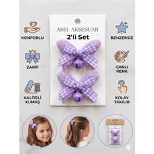 Asel Aksesuar 2'li Set Pötikare Kurdeleli Zilli Kumaş Kelebek Çocuk Klips Toka Farklı Renk Seçenekli