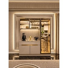 Cozze Mobilya LED Işıklı Kahve Köşesi Ünitesi Modern Tasarım Vizon Renk 200 cm Yükseklik 125 cm Genişlik