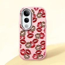 HONTINGA Vivo V50 Lite ile Uyumlu Kılıf Kamera Korumalı Düşüme Önleyici Kamera Koruyucu Pembe Yumuşak Silikon Couple Telefon Kılıfı Öpücük Desenli K4-0366