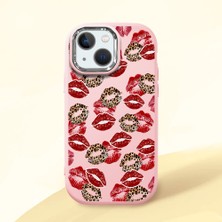 HONTINGA iPhone 13 Mini ile Uyumlu Kılıf Kamera Korumalı Düşüme Önleyici Kamera Koruyucu Pembe Yumuşak Silikon Couple Telefon Kılıfı Öpücük Desenli K4-0366