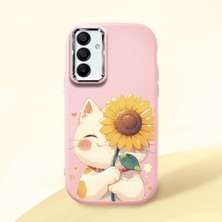 HONTINGA Samsung Galaxy A15 ile Uyumlu Kılıf Kamera Korumalı Düşüme Önleyici Kamera Koruyucu Pembe Yumuşak Silikon Couple Telefon Kılıfı Kedi Desenli K4-0367