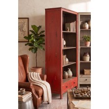 Adn Dizayn Vintage Ahşap Kitaplık Salon Ofis Dolabı Eskitme Mavi Masif Kitaplık Çekmeceli Çok Amaçlı Dolap