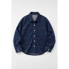 Markapia Kadın Gömlek Yaka Oversize Koyu Mavi Jean Ceket