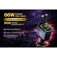 Acl 60W Hızlı Araç Oto Şarj Cihazı - Rgb Işıklı 4in1 Makaralı Kablo - Type-C & iPhone Uyumlu