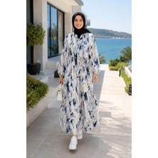 Harma Time Butik Kadın Rahat Kesim Desenli Modal Kumaş Beyaz Elbise