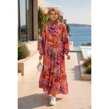 Harma Time Butik Kadın Rahat Kesim Desenli Modal Kumaş Kırmızı Elbise