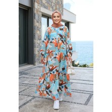Harma Time Butik Kadın Rahat Kesim Desenli Modal Kumaş Mavi Elbise