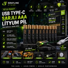 Grayline Store USB Type-C Şarjlı AAA Lityum İnce Pil 800 mAh 10’lu Paket Ekonomik ve Çevre Dostu