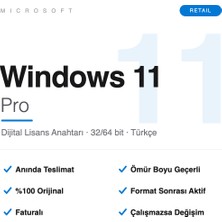 Microsoft Windows 11 Pro Retail Lisans Anahtarı - Orijinal Ömür Boyu Faturalı Anında E-Posta