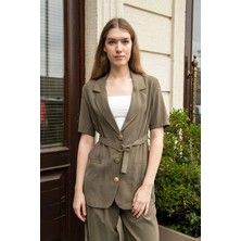 Jument Kadın Likrasız Keten Görünümlü Kumaş Yakalı Flato Cepli Kısa Kol Blazer Ceket-Haki
