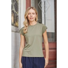 Jument Kadın Ipeksi Kumaş Geniş Sıfır Yaka Kısa Kol Tshirt Bluz-Haki