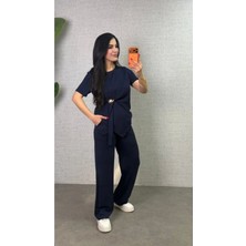 Stelol Kadın Kısa Kollu Bisiklet Yaka Yandan Toka Detaylı Viskon Iki Iplik Bluz ve Pantolon Ikili Takım