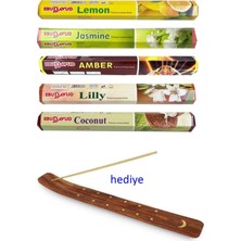 Hace Bazaar 5 Paket 20 Çubuklu Tütsü Lemon - Amber - Lilly- Jasmine - Coconut - Kayık Hediyeli