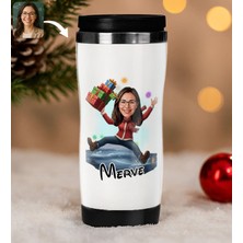 Bk Gift Kişiye Özel Kadın Yılbaşı Karikatürlü Çelik Termos Bardak - 10, Yılbaşı Hediyesi, Yeni Yıl Hediyesi