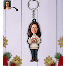 Bk Gift Kişiye Özel Kadın Yılbaşı Karikatürlü Ahşap Anahtarlık -12, Yeni Yıl Hediyesi, Yılbaşı Hediyesi