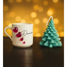 Bk Gift Kişiye Özel Isimli Kabartmalı Kalpli Tasarım Türk Kahvesi Fincanı & Çam Ağacı Mum -2, Sevgiliye Hediye, Ev Hediyesi
