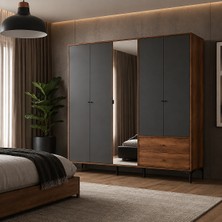 Adore Mobilya Madrid 5 Kapılı 2 Çekmeceli Aynalı Gardırop Oslo Ceviz - Antrasit 207X201X51 cm