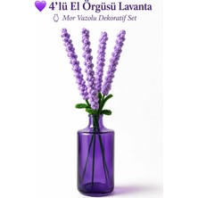 Neholia 💜 4’lü El Örmesi Lavanta Çiçeği Dekoru – Cam Vazolu Bohem Dekoratif Masa Çiçeği – Handmade Amigurumi Lavanta Seti