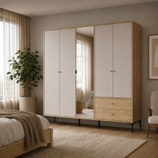 Adore Mobilya Madrid 5 Kapılı 2 Çekmeceli Aynalı Gardırop Florida Meşe - Vizon 207X201X51 cm