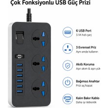 Qasul Yeni Nesil Akım ve Isı Korumalı 6 USB 3 Soket Girişli Çoklu Uzatma Priz