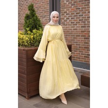 İmaj Butik Sarı Kol Katlı Bel Bağlamalı Elbise
