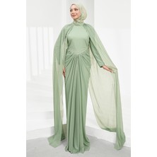 İmaj Butik Mint Yeşili Omuz Pelerinli Incili Abiye