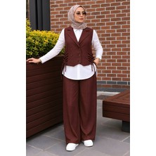 İmaj Butik Kahverengi Düğmeli Yelek Pantolonlu Takım