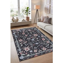 Artloop Florart Siyah Çiçek Desenli Dokuma Tabanlı Modern Şönil Halı Al 538