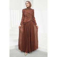 İmaj Butik Kahverengi Ön Büzgülü Pileli Abiye