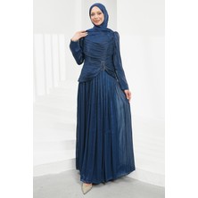 İmaj Butik Lacivert Ön Büzgülü Pileli Abiye