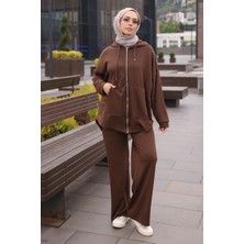İmaj Butik Kahverengi Fermuarlı Tunik Pantolonlu Modal Takım