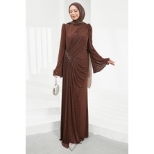 İmaj Butik Kahverengi Bel Büzgülü Taşlı Abiye