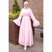 İmaj Butik Pembe Kol Katlı Bel Bağlamalı Elbise