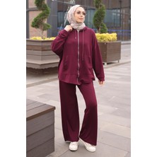 İmaj Butik Mürdüm Fermuarlı Tunik Pantolonlu Modal Takım