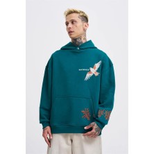 Machinist Clothing Erkek Embroidery Bird Kapüşonlu Sweatshirt Yağ Yeşili