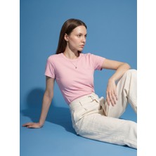 Dilvin 32779 Kadın Günlük Toz Pembe Bisiklet Yaka T-Shirt Kısa Kol %95 Pamuk