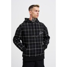 Machinist Clothing Erkek Leather Applique Kapüşonlu Sweatshirt Siyah
