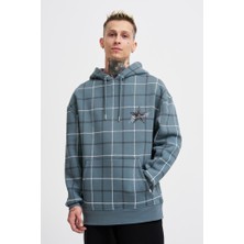 Machinist Clothing Erkek Leather Applique Kapüşonlu Sweatshirt Mavi Duman