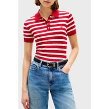 Tommy Hilfiger Çizgili Ipek Karışımlı Kısa Kollu Düğmeli Polo Yaka Kazak Bayan Polo Yaka Kazak WW0WW48503 04W