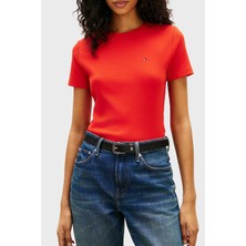 Tommy Hilfiger Pamuklu Logolu Slim Fit Bisiklet Yaka  T Shirt Bayan T Shirt WW0WW40587 Sne