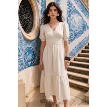 Olcay Drape Detaylı Karpuz Kol Pamuklu Elbise KREM 9457-E