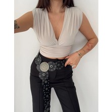 Korpe Elektro Korpeelektro Vatkalı Kolsuz V Yaka Drapeli Crop Bluz Likralı Fit - Boyalı Gri