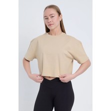 Velvoria Kadın Oversize Basic Bej Renk Crop