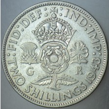 Banknoting Birleşik Krallık 2 Şilin 1943 Gümüş. Kral 6. George - Ikinci Dünya Savaşı Dönemi. 11,2 Gr.
