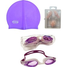 UltraMint 3'lü Yetişkin Unisex Havuz Seti: Gözlük, Bone, Kulak Burun Tıkacı Mor