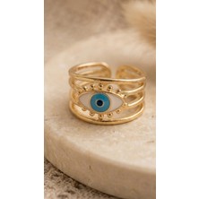 Lune Design Turkuaz Nazar Boncuklu Çoklu Görünümlü Gold Kaplama Ayarlanabilir Yüzük