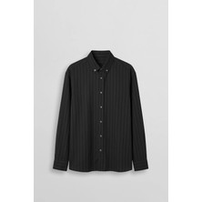 Abluka Online Erkek Oversize Tekstürlü Çizgili Uzun Kollu Gömlek Siyah