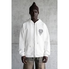 Machinist Clothing Erkek Nakışlı Fermuarlı Kapüşonlu Sweatshirt Ekru